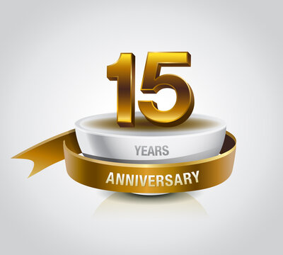 15 years golden anniversary logo celebration with ring and ribbon.