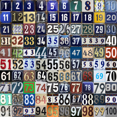 Vintage grunge square metal plates with street address numbers with numbers closely arranged from 1 to 100