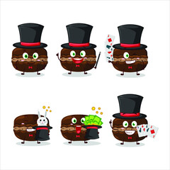 A chocolate macaron Magician cartoon character perform on a stage. Vector illustration