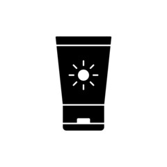 Lotion sunblock icon, sunscreen icon in solid black flat shape glyph icon, isolated on white background 