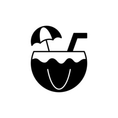 Coconut drink icon in solid black flat shape glyph icon, isolated on white background 