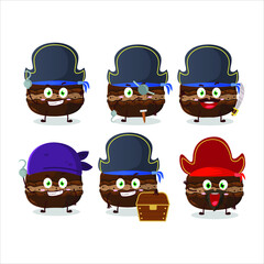 Cartoon character of chocolate macaron with various pirates  emoticons. Vector illustration