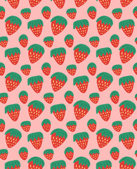 Simple childish pattern with strawberries on pink background. Vector natural flat texture with berries. Fabric with sweet delicious food. Wallpaper and fabric with hand drawn fruit for the nursery