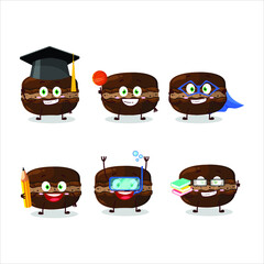 School student of chocolate macaron cartoon character with various expressions. Vector illustration