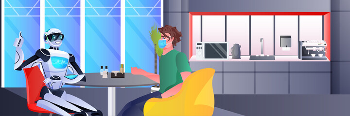 businessman and robot discussing during meeting partnership chat bubble communication artificial intelligence