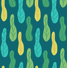 Seamless pattern with abstract leaves with doodle pattern on a green background. Vector hand drawn natural texture. Wallpaper with rustic trees. Simple foliage fabric