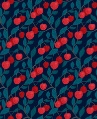 Seamless flat texture with cherries on branches with foliage on dark blue background. Cartoon pattern with berries. Drawn wallpaper with ripe fruits and bushes. Vector night natural gardening fabric