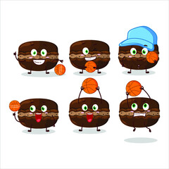 Talented chocolate macaron cartoon character as a basketball athlete. Vector illustration