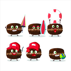 Happy Face chocolate macaron cartoon character playing on a beach. Vector illustration