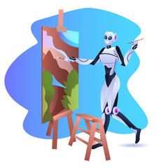 robotic painter using paintbrush robot artist standing in front of easel and painting art creativity artificial intelligence