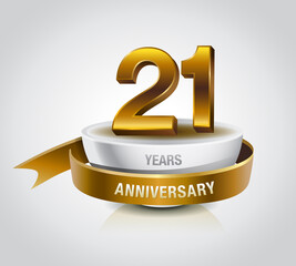 21 years golden anniversary logo celebration with ring and ribbon.