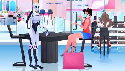 robots showing items in fashion boutique artificial intelligence technology concept