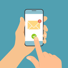 Flat design illustration of man hand holding touch screen smartphone and envelope symbol as incoming email or text message, vector