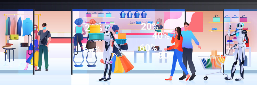 people in masks and robot with trolley cart walking with purchases artificial intelligence technology