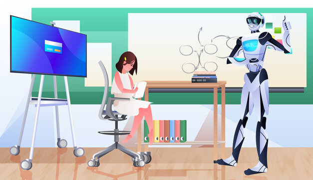 businesswoman with robot making presentation artificial intelligence technology concept
