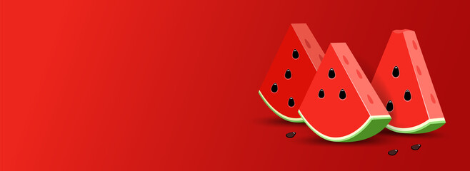 Red Summer template banner with Watermelon. 3D slice Watermelon in realistic stile.