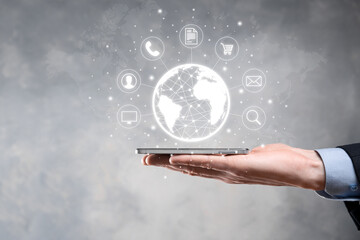 Business man hiold, use,press infographic icon of community technology digital.Concept of hi tech and big data. Global connection.IoT Internet of Things . ICT Information Communication Network .