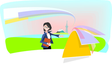 Welcome to Japan concept colorful 
vector illustration with young friendly business woman invites to new roads to reach the country
