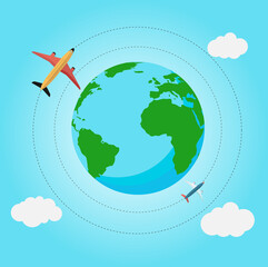 Passenger plane flying around the globe. Planet Earth. Plane. Around the world travelling by plane, airplane trip in various country. Planet Earth. Travel and tourism concept. 