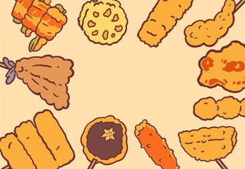 串揚げいろいろイラスト四方フレーム壁紙・見切れバージョン・アイボリー