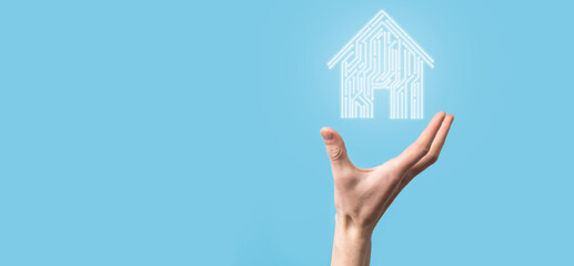 Hand hold house icon.Smart home controlled, intelligent house, and home automation app concept.Pcb...