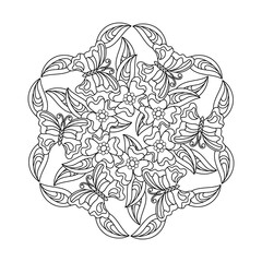 Coloring book for adults and older children. Mandala, a decorative element . Butterflies, flowers and leaves. Hand-drawn vector illustration