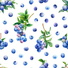 Seamless pattern, berry background, blueberries branches watercolor, botanical illustration