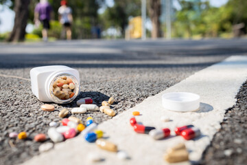 Plastic bottle of medication dropped on the street outdoor,drug scattered on the floor,jar of...