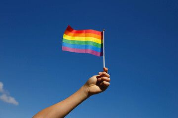 small lgbt flag in the hand against the blue sky