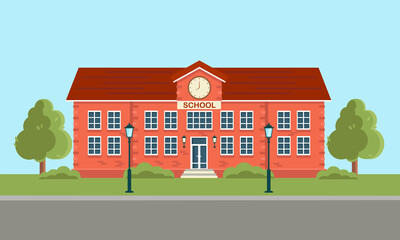 School and education. A building for urban construction. A set of elements for creating urban background, rural and urban landscape. Vector illustration in flat style