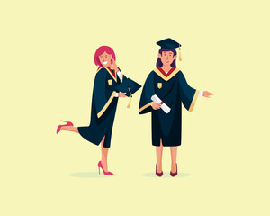 woman girl students celebrating graduation from school isolated on yellow background. happy diverse