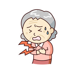 痛みで胸を辛そうにおさえるおばあさん
