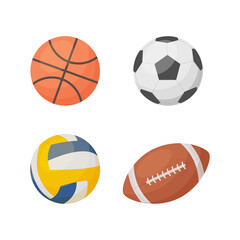 A bright sports set with the image of balls for playing volleyball,basketball,football, American football. Balls for game sports. Vector illustration isolated on a white background