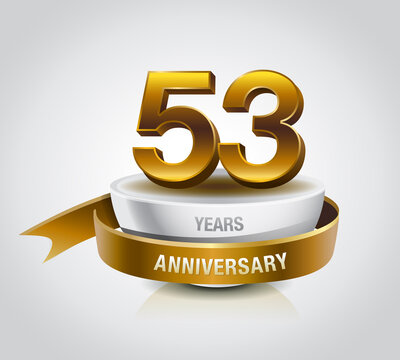 53 years golden anniversary logo celebration with ring and ribbon.