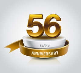 56 years golden anniversary logo celebration with ring and ribbon. - obrazy, fototapety, plakaty
