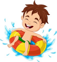 Cartoon little boy having fun in swimming pool