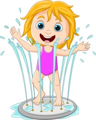 Cartoon little girl playing water fountain