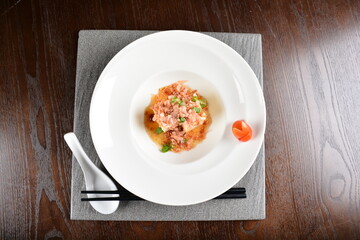 steamed fresh tofu bean curd with Japanese bonito and soy sauce asian in dark background halal menu