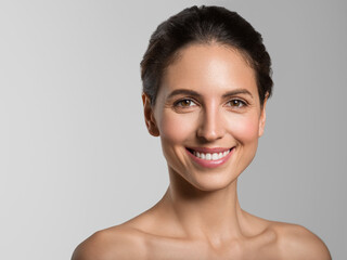 Beautiful woman teeth smile healthy clean skin natural make up brunette female model