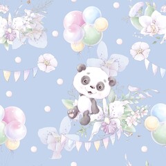 Seamless pattern. Cute cartoon panda with flowers and balloons
