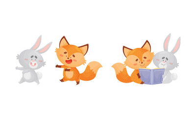 Humanized Fox and Hare Engaged in Different Activity Reading Book and Running Vector Set