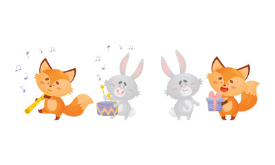 Humanized Fox and Hare Engaged in Different Activity Playing Musical Instrument and Giving Gift Box Vector Set