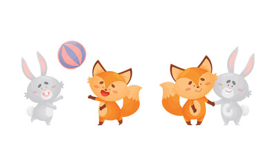 Obraz premium Humanized Fox and Hare Engaged in Different Activity Holding Paws and Playing Ball Vector Set