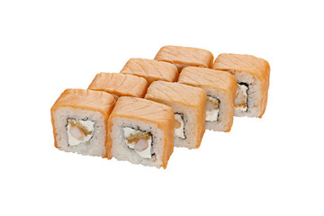 Set of sushi rolls with salmon, seafood and cream cheese. Isolated on white, close-up.