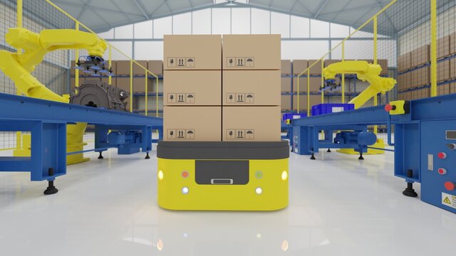 The AGV (Automated guided vehicle) is carrying parts in smart factory. 3D illustration