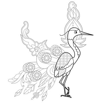 Contour linear illustration with bird for coloring book. Cute stork, anti stress picture. Line art design for adult or kids  in zentangle style and coloring page.