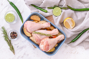 Baking dish with raw chicken legs on light background