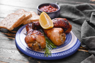 Plate with roasted chicken legs on dark wooden background