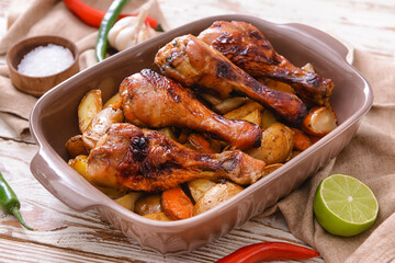 Baking dish with roasted chicken legs and baked potato on light wooden background