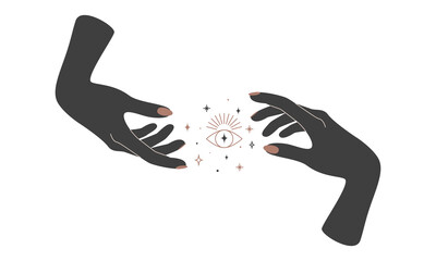 Alchemy esoteric magic celestial talisman with woman hand with rings and sunshine eye sacred geometry. Spiritual occultism object. Vector illustration
